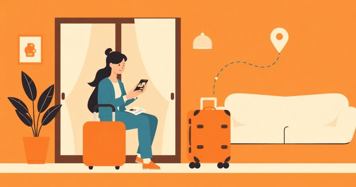 Illustration of a traveller installing a travel eSIM on a phone at home beside a packed suitcase, with a dotted route to a destination pin