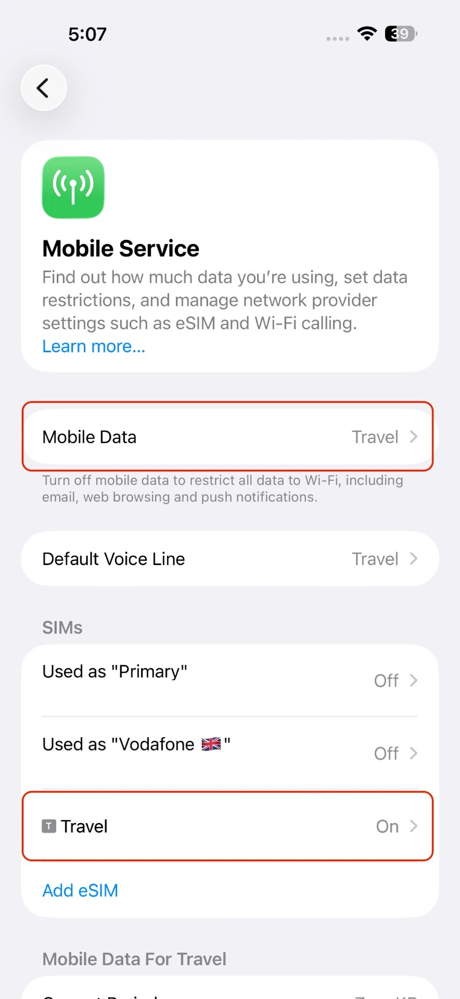Select your travel eSIM for mobile data — iPhone