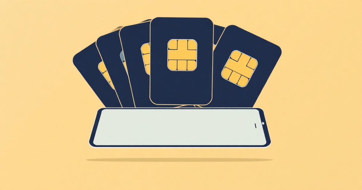 Illustration of a smartphone with a fanned stack of stored eSIM profile cards, two of them active at once