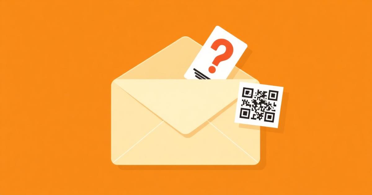 Illustration of an open email envelope with a missing eSIM QR code card and a question mark, representing an eSIM QR code that never arrived by email