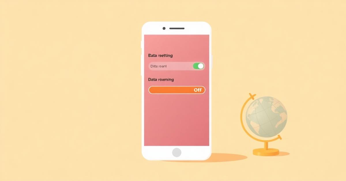 Illustration of a phone settings screen with data roaming switched off next to a globe, showing how to avoid roaming charges abroad