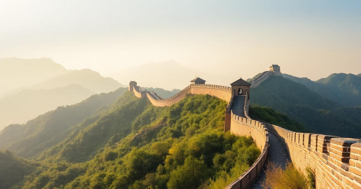 The Great Wall of China winding over green mountains in morning light