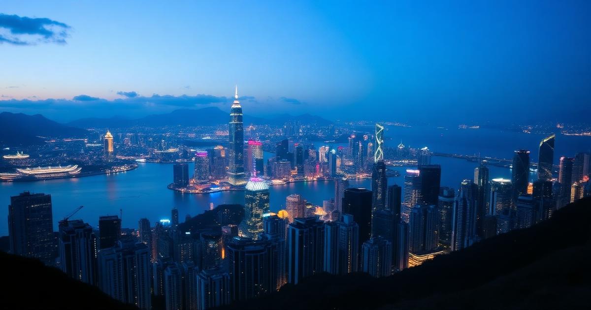 Hong Kong Victoria Harbour skyline at blue hour seen from Victoria Peak