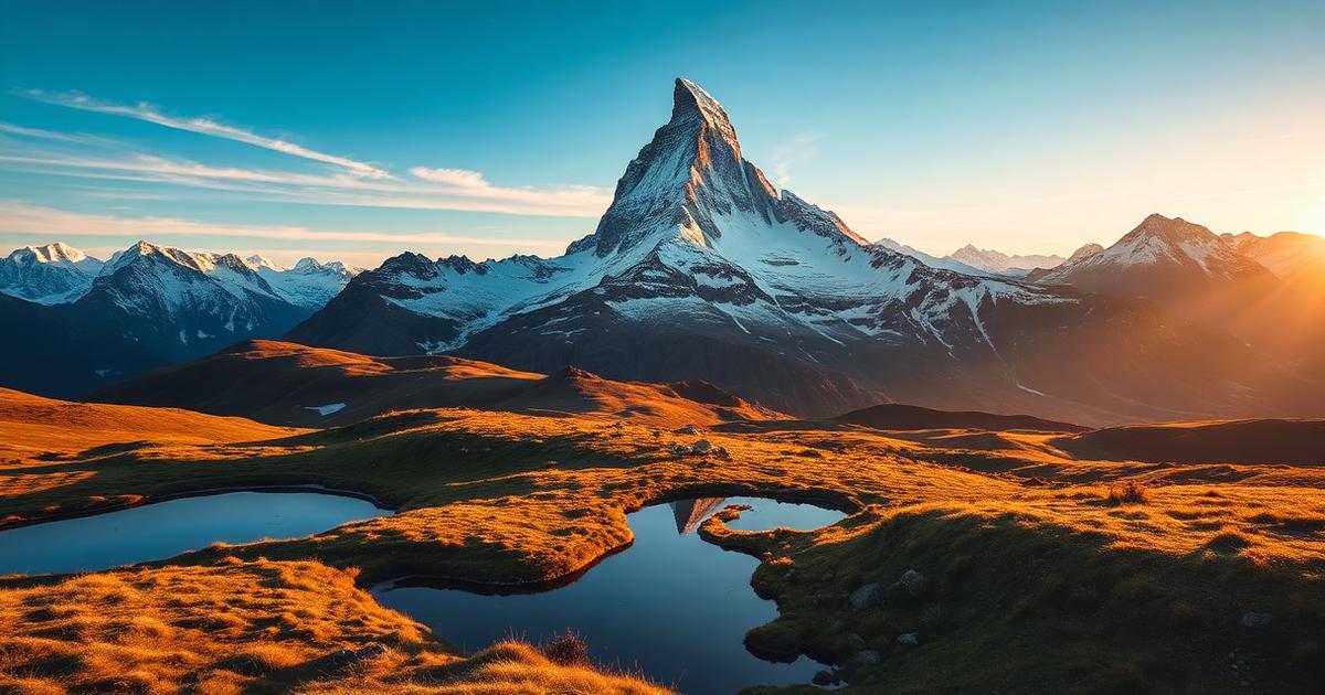 The Matterhorn reflected in an alpine lake at sunrise in the Swiss Alps