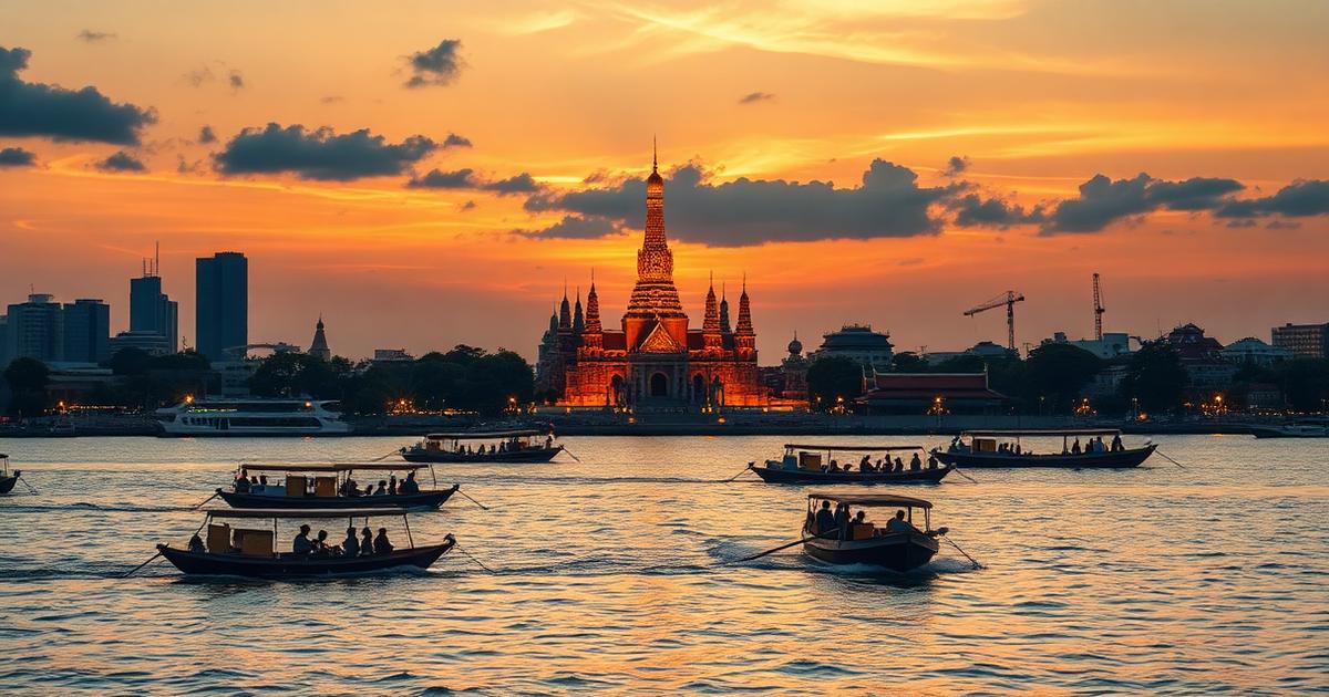 Wat Arun temple on the Chao Phraya river in Bangkok at golden hour