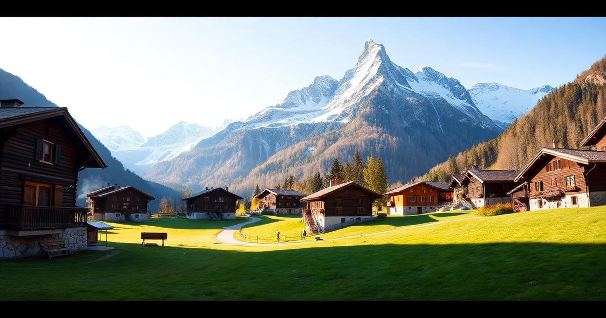 Grindelwald village chalets in green meadows below the Eiger north face in the Swiss Alps